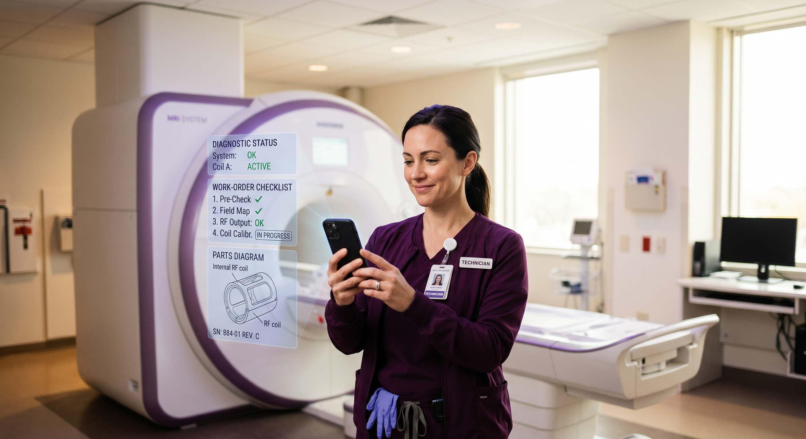  A technician holds up a smartphone toward a MRI equipment, looking to its status, all clear and checked